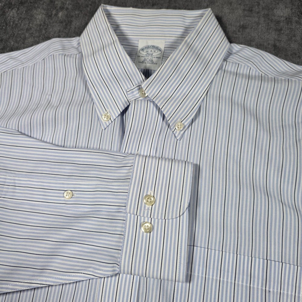 Brooks Brothers 346 Mens 16 4/5 Slim Fit Non-Iron Striped Button Down Shirt Blue